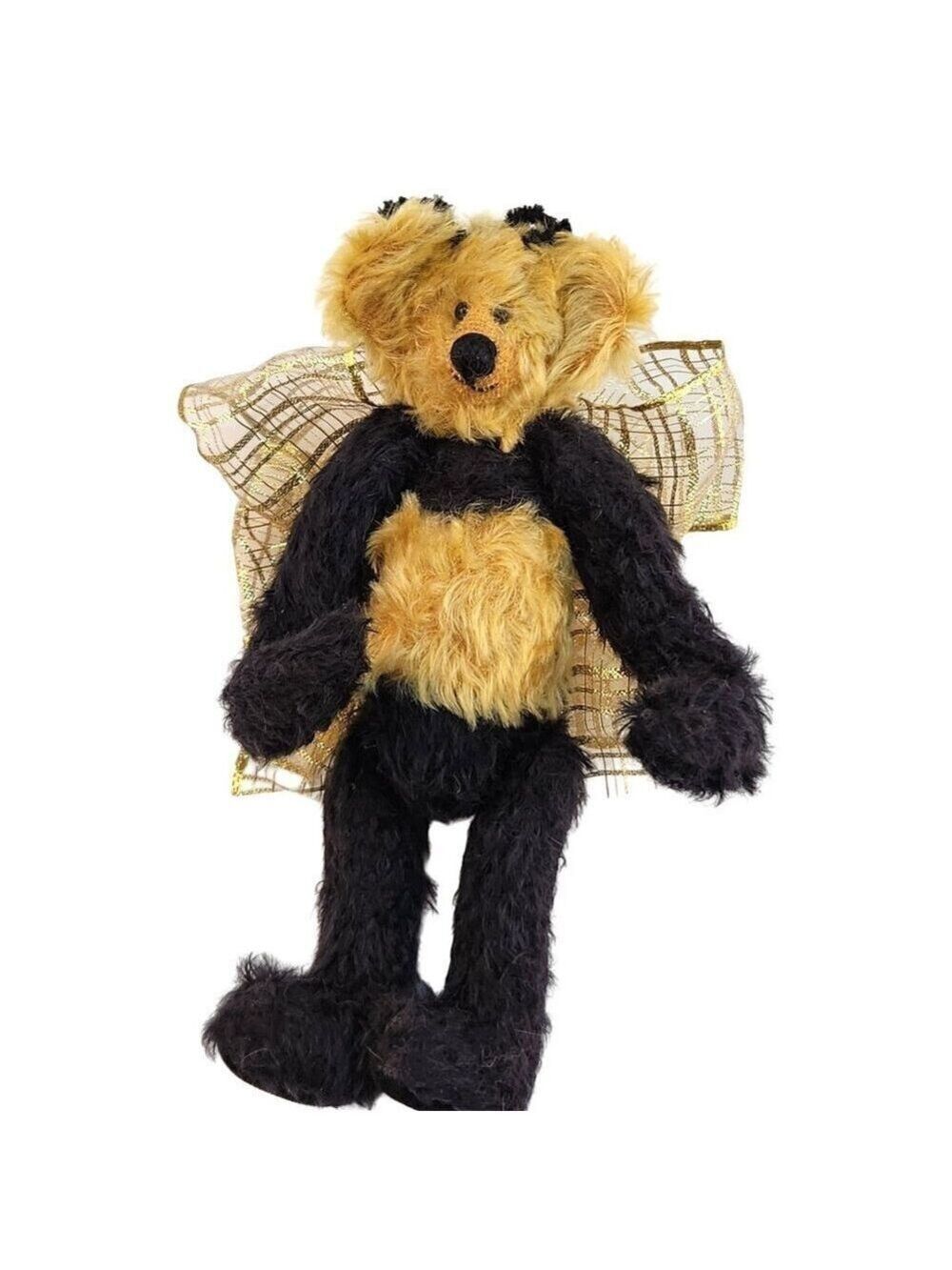 Vintage Handmade Bumblebee Teddy Bear Weighted Plush Golden Ribbon Bow